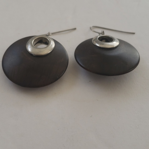 Round Wood Disc Earrings w/Silver - Picture 2 of 7
